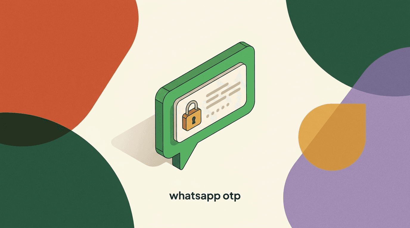Flat illustration of a phone showing a WhatsApp OTP authentication message with a masked one-time passcode and a copy-code button