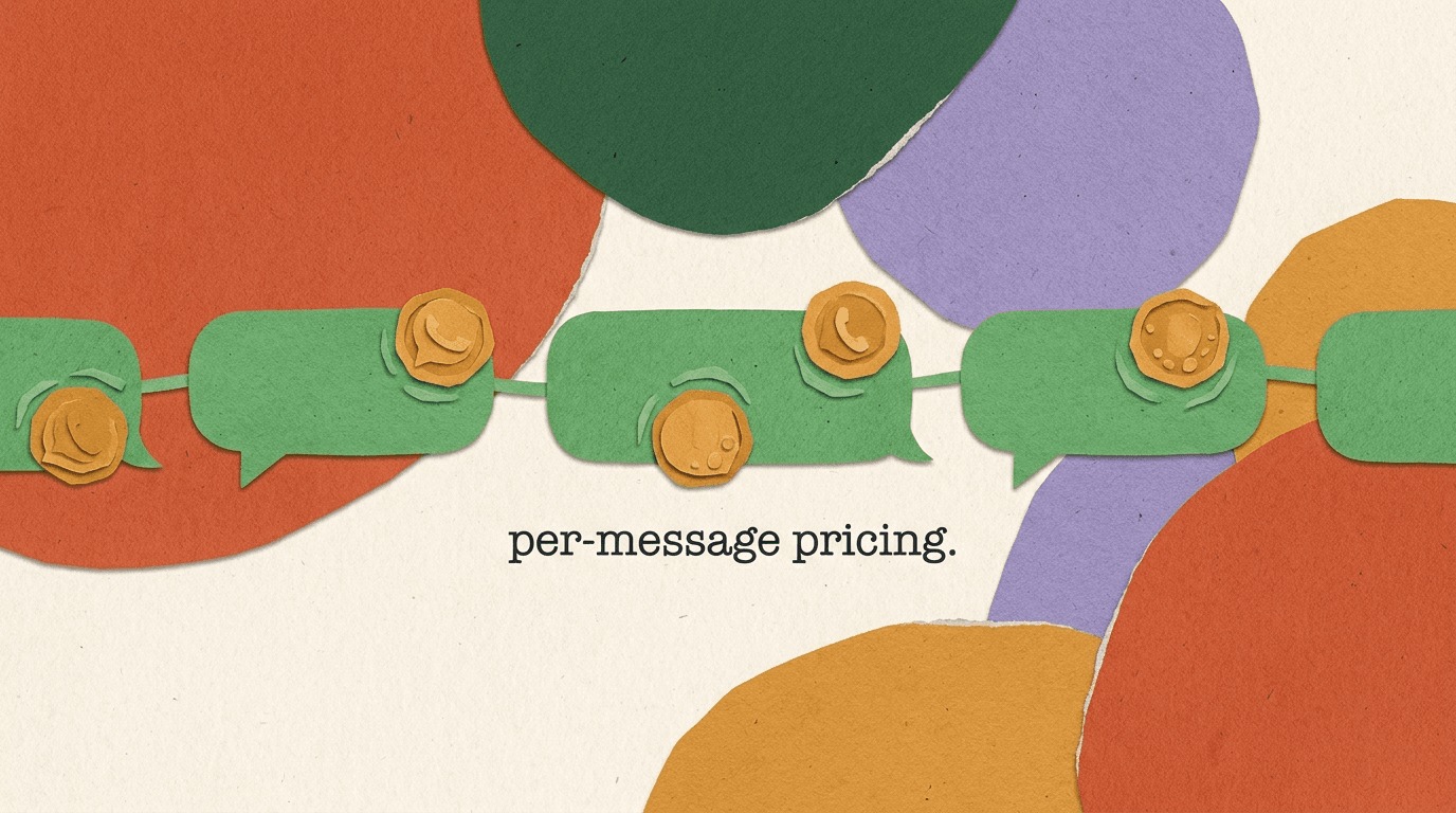 Flat illustration of chat bubbles sorted into marketing, utility, and authentication buckets with price tags, showing WhatsApp per-message pricing in 2026