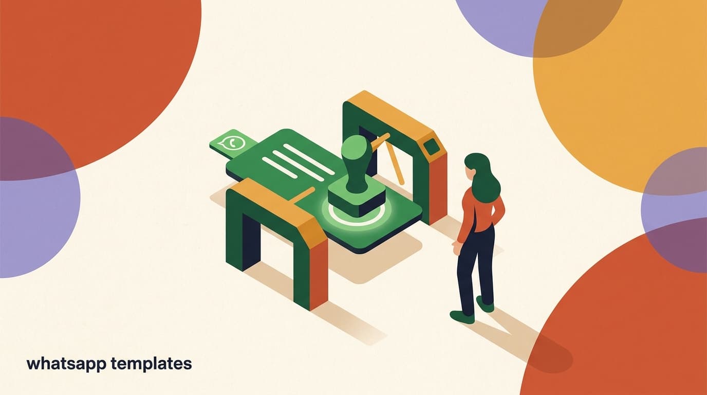 Flat illustration of a WhatsApp message template moving through a review checklist toward a green approved stamp, on WhatsApp template approval