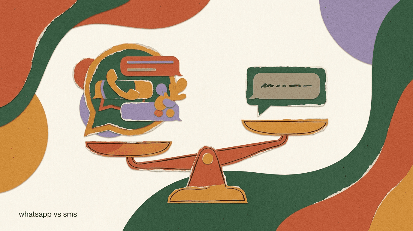 Flat illustration comparing WhatsApp vs SMS, with a green WhatsApp chat bubble and a plain SMS text bubble balanced on a scale