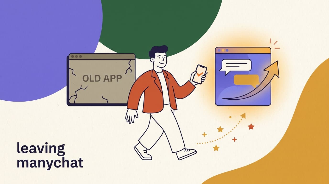 Flat illustration of a creator leaving an old app for a brighter one, on why creators are leaving ManyChat for AI-native tools