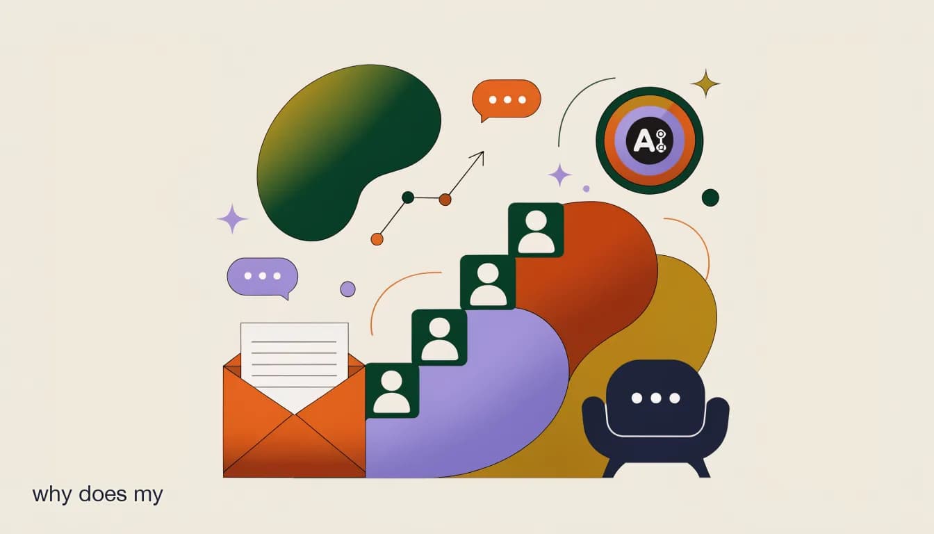 Flat illustration of a ManyChat invoice climbing a staircase made of contact icons, an AI badge, and an inbox seat icon, showing why a ManyChat bill keeps rising, on Why Does My ManyChat Bill Keep Going Up? (And How to Fix It)