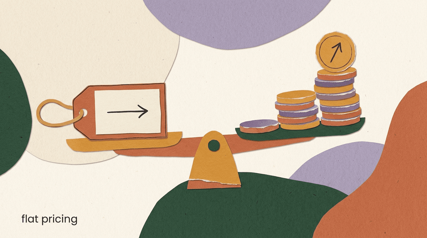 Flat illustration comparing a steady flat-rate price line against a rising staircase of per-contact charges, illustrating flat pricing vs per-contact billing for creators