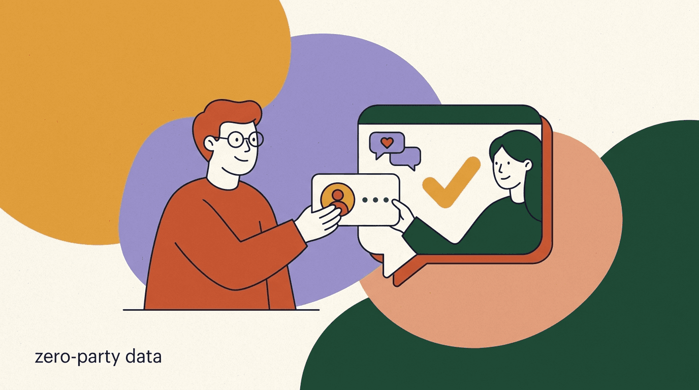 Flat illustration of a customer voluntarily sharing preferences inside a chat window, representing zero-party data collection in conversation